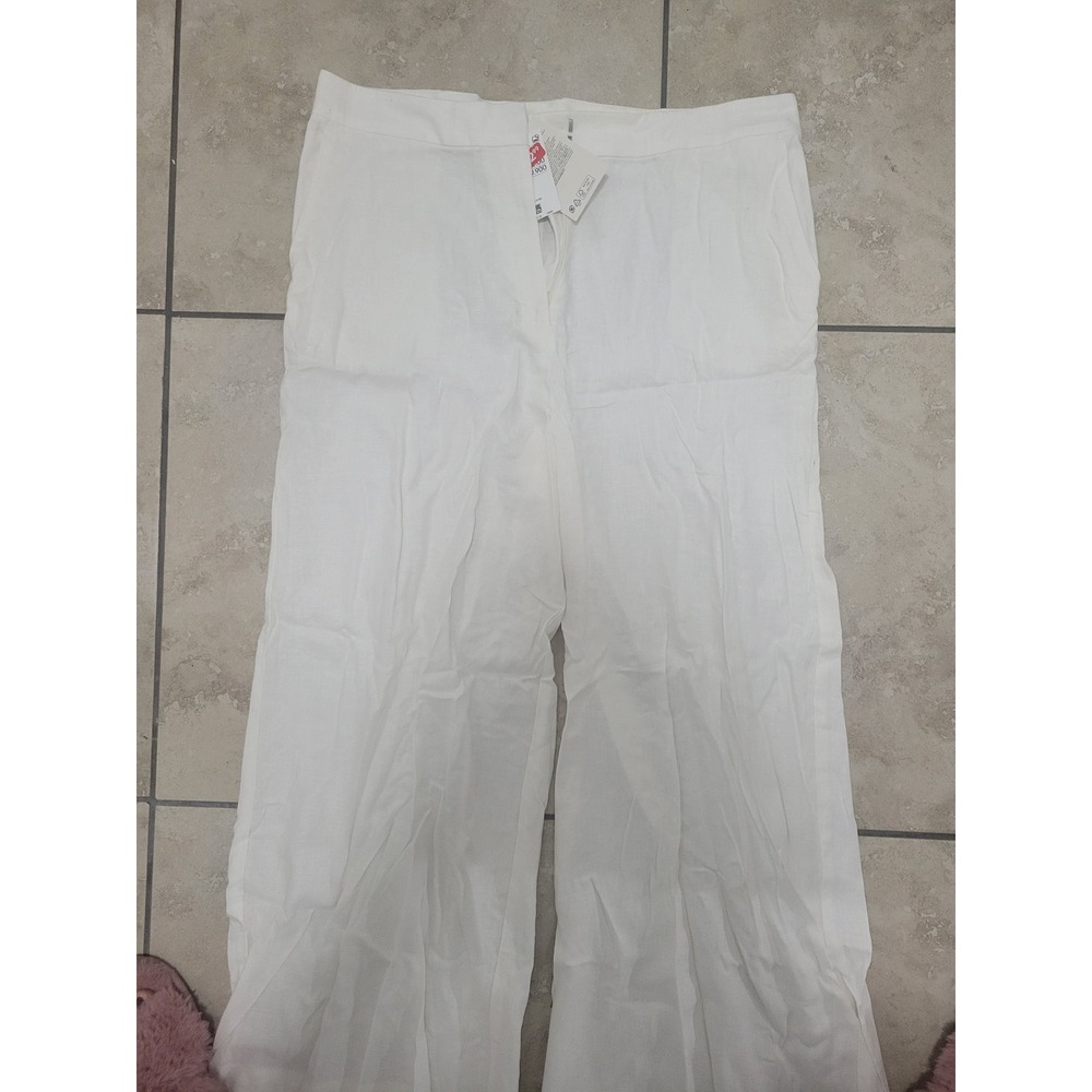 White Wide Leg Linen Blend‎ Pants Flowy Cropped Summer Casual Trousers